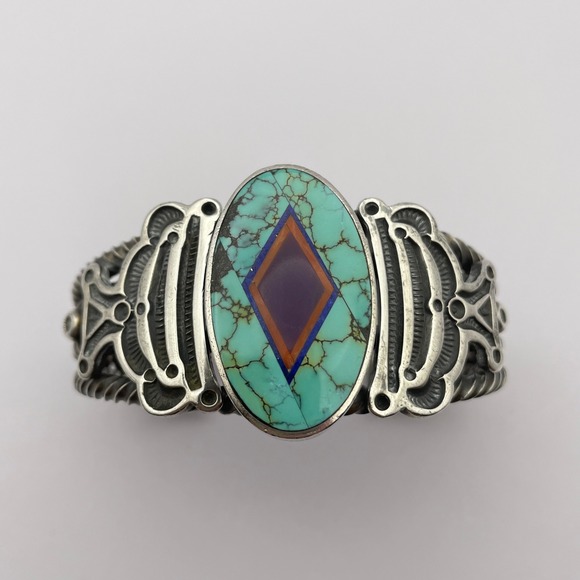 Vintage Navajo Ray Tracey & Knifewing Segura Sterling Silver Inlay Cuff Bracelet - Picture 10 of 16
